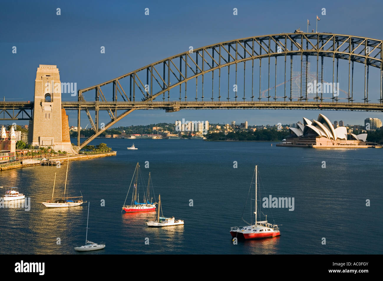 View over Lavendar Bay toward the Harbour Bridge and Opera House from McMahons Point on Sydney's north shore Stock Photo