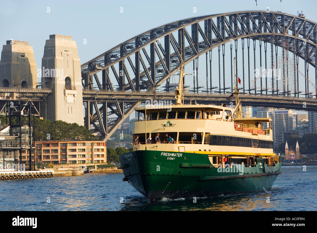 The Manly passenger ferry enters Sydney Cove bound for the wharf at Circular Quay Stock Photo