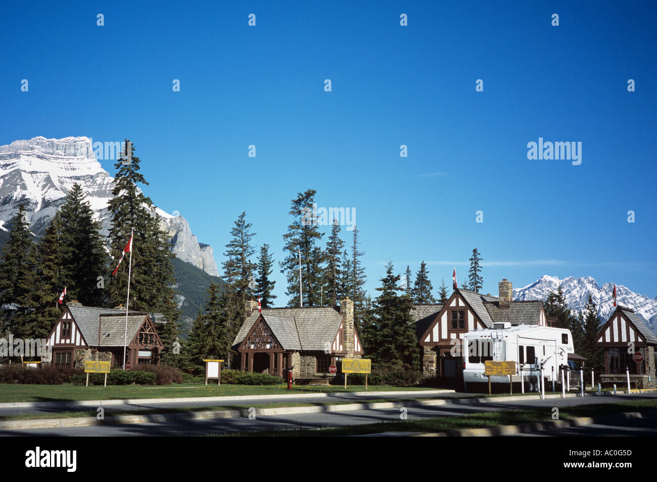 BANFF NATIONAL PARK GATE with pay stations on Trans Canada highway 1