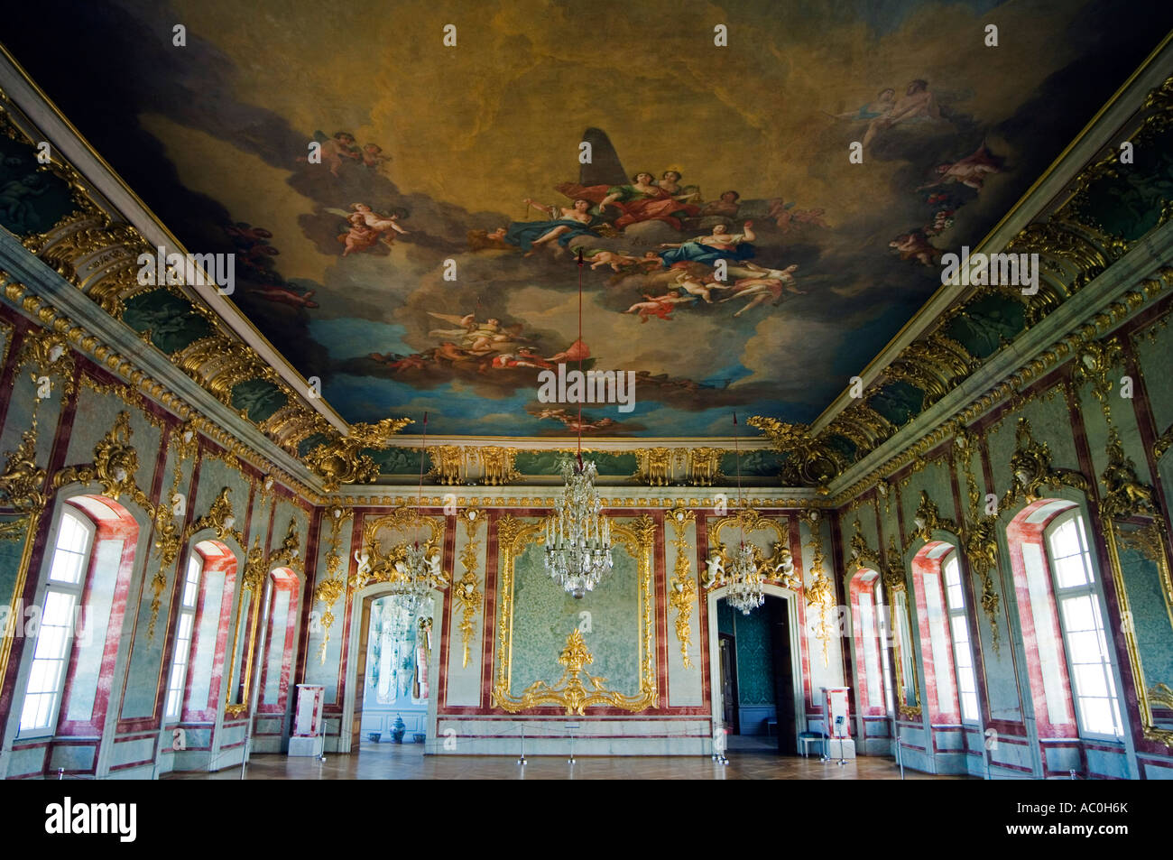 Ornate interior and painted ceiling of the Baroque Style Rundales Palace Rundales Pils designed by Architect Bartolomeo Stock Photo