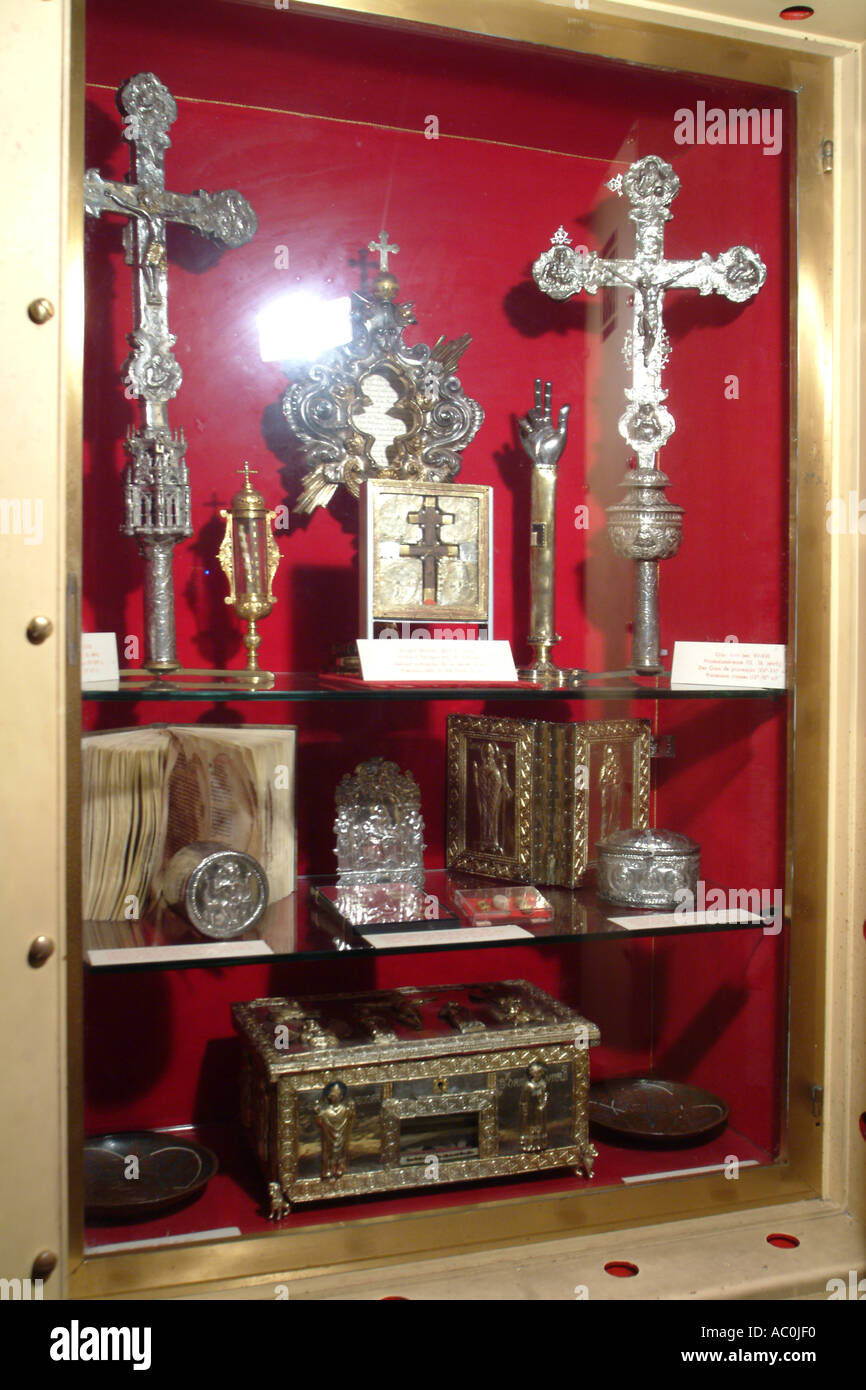 The religious treasures kept in the crypt of the basilica of Aquileia. Part of Christ's cross is supposedly amongst them. Stock Photo