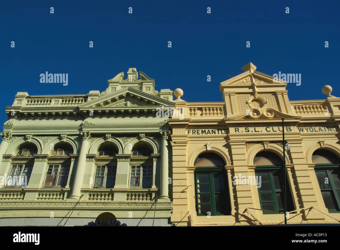 Western Australia Perth Fremantle Two old historical buildings triangular pediments Stock Photo