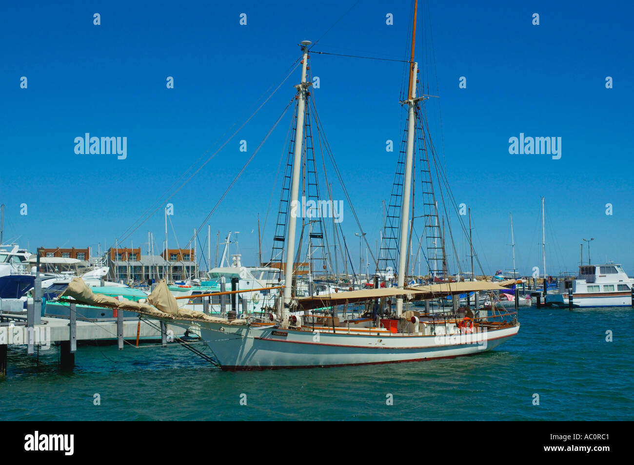 Western Australia Perth Fremantle 2 mast yacht anchoring in the marina Stock Photo