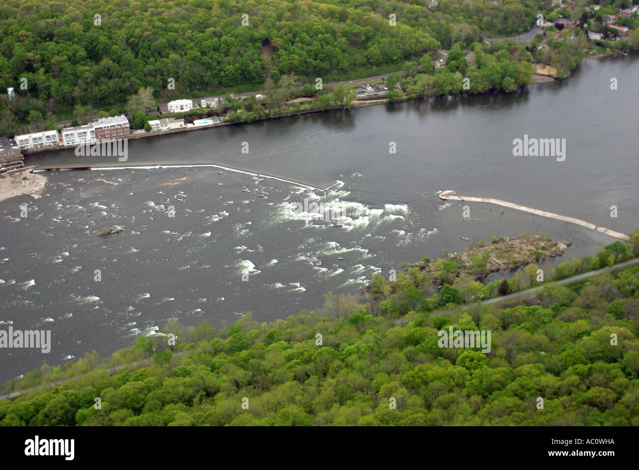 Aerial view of wing dam located on the Delaware River, just south of