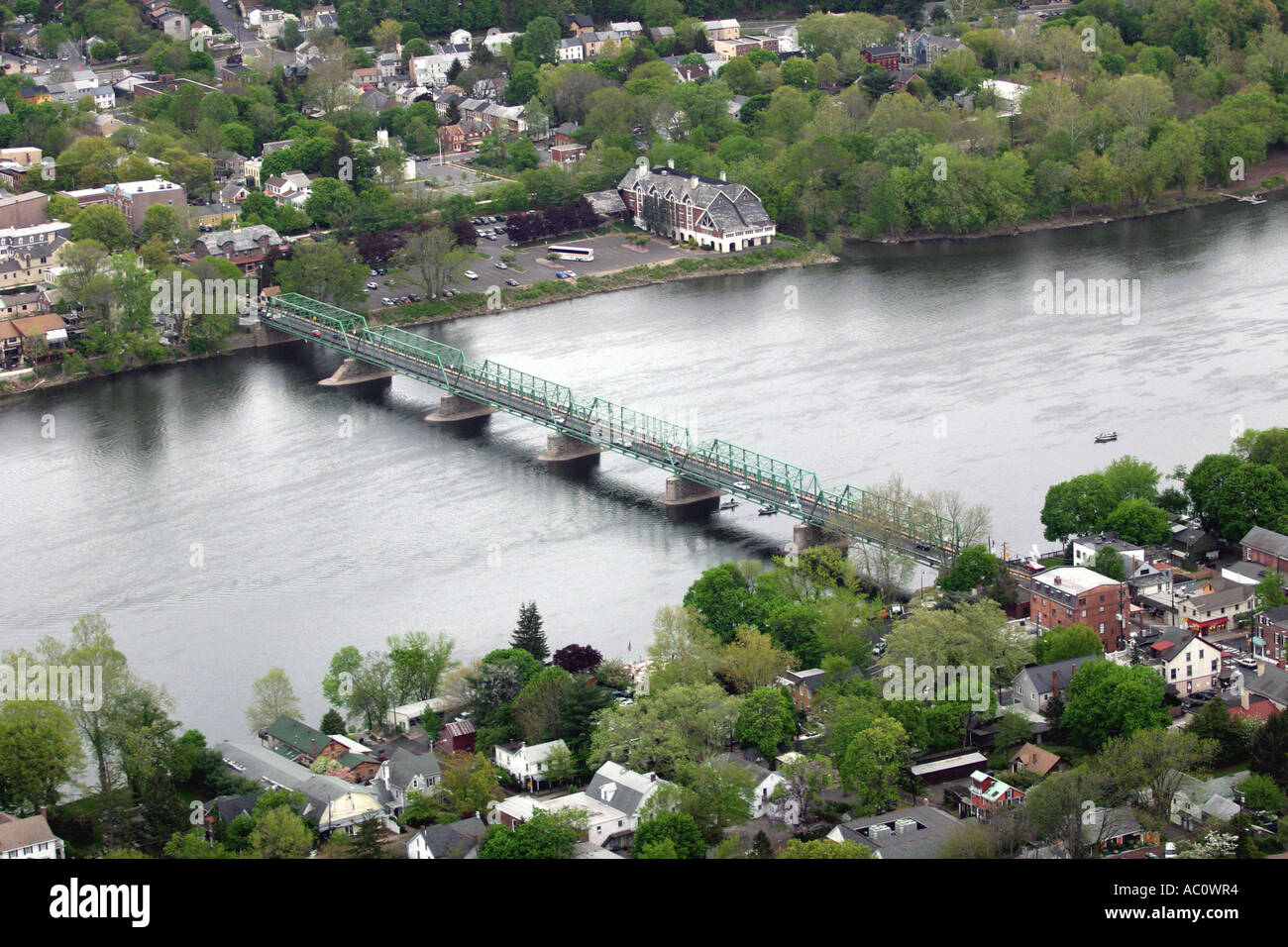 Aerial view of bridge on Delaware River, linking Lambertville, New Jersey, and New Hope, Pennsylvania, U.S.A. Stock Photo