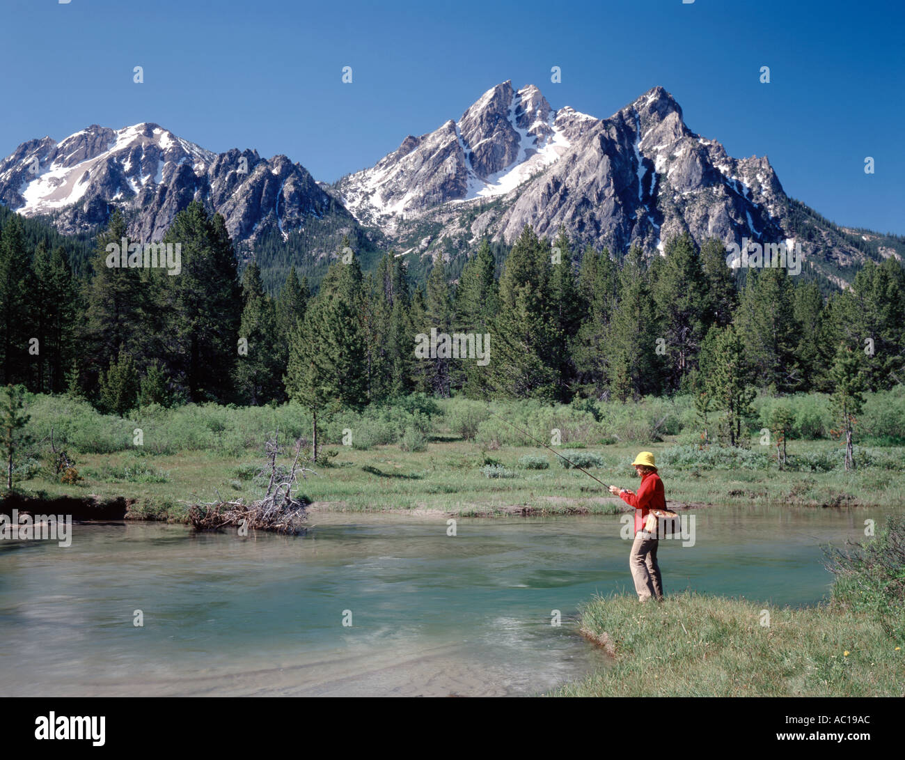 Sawtooth National Recreation Area of Idaho showing a woman fly fishing on Stanley Lake Creek