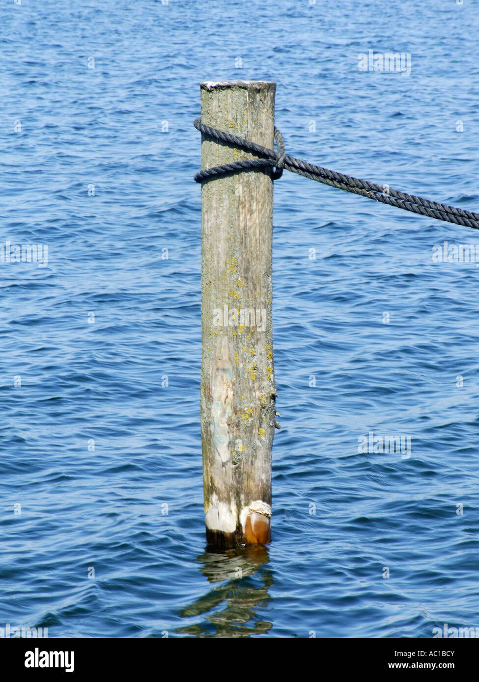 Tied up rope to pole in sea close up Stock Photo