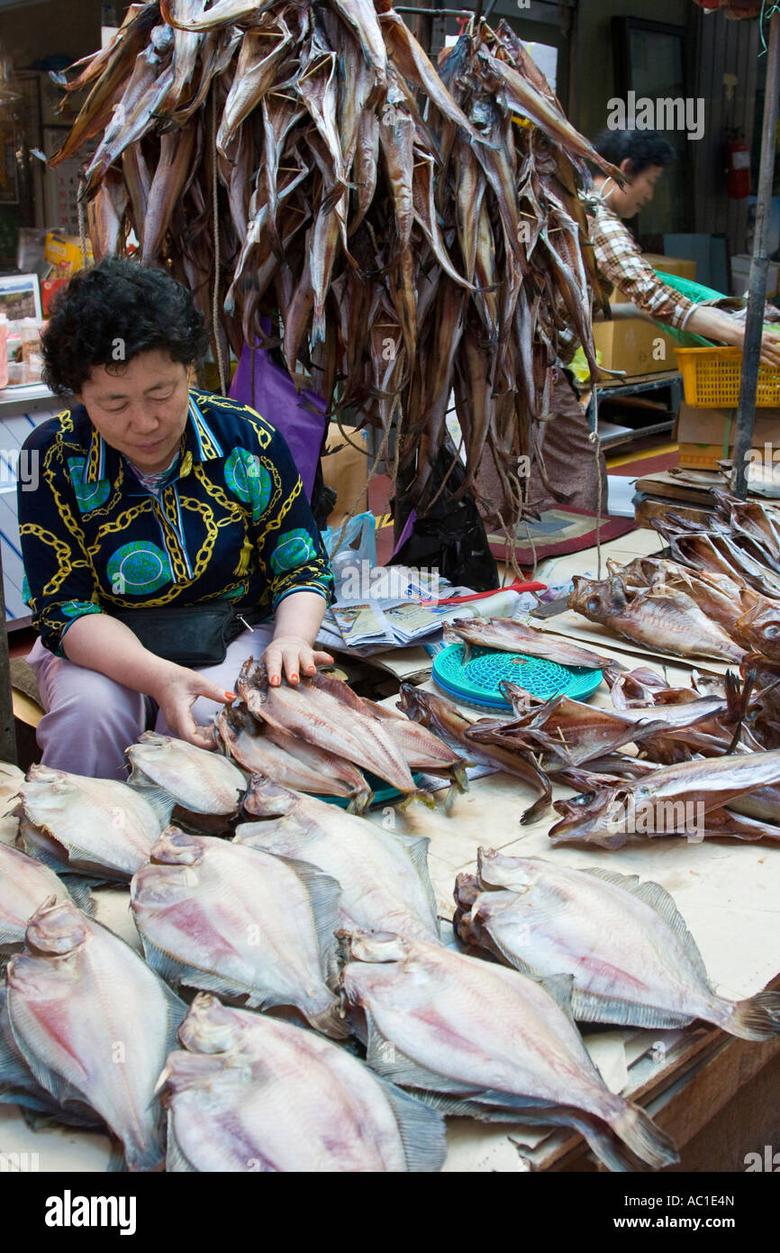 Korean Woman Selling Dried Fish in Market Shop Sokcho South Korea Stock