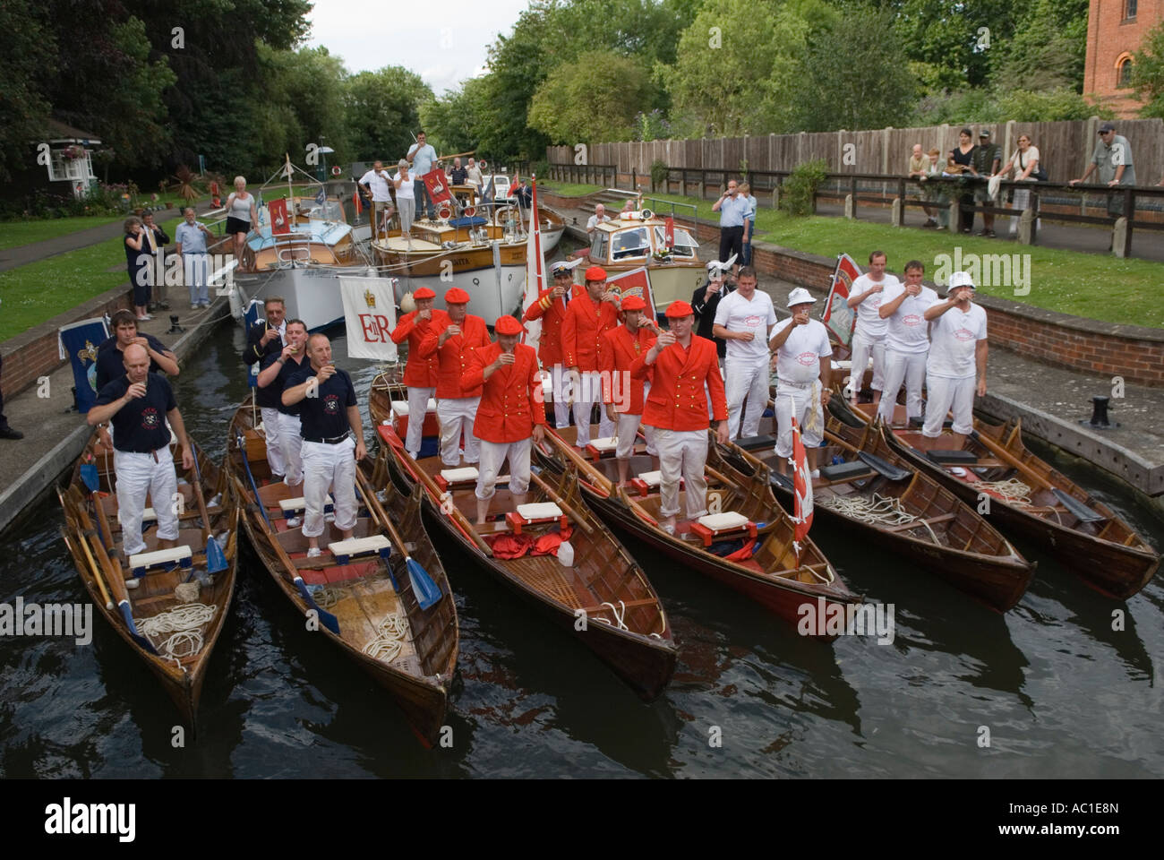 Loyal Toast to Sovereign Monarch. Swan Upping River Thames at Romney Lock, Windsor. City of London Livery Companies drinking a traditional Toast. Stock Photo