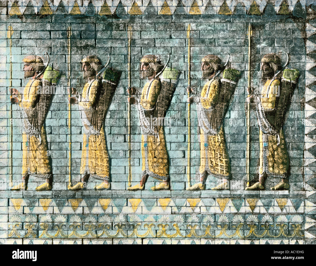 Archers of the Royal Persian Guard of Darius from the Hall of Artaxerxes II at Susa. Hand-colored halftone of an illustration Stock Photo