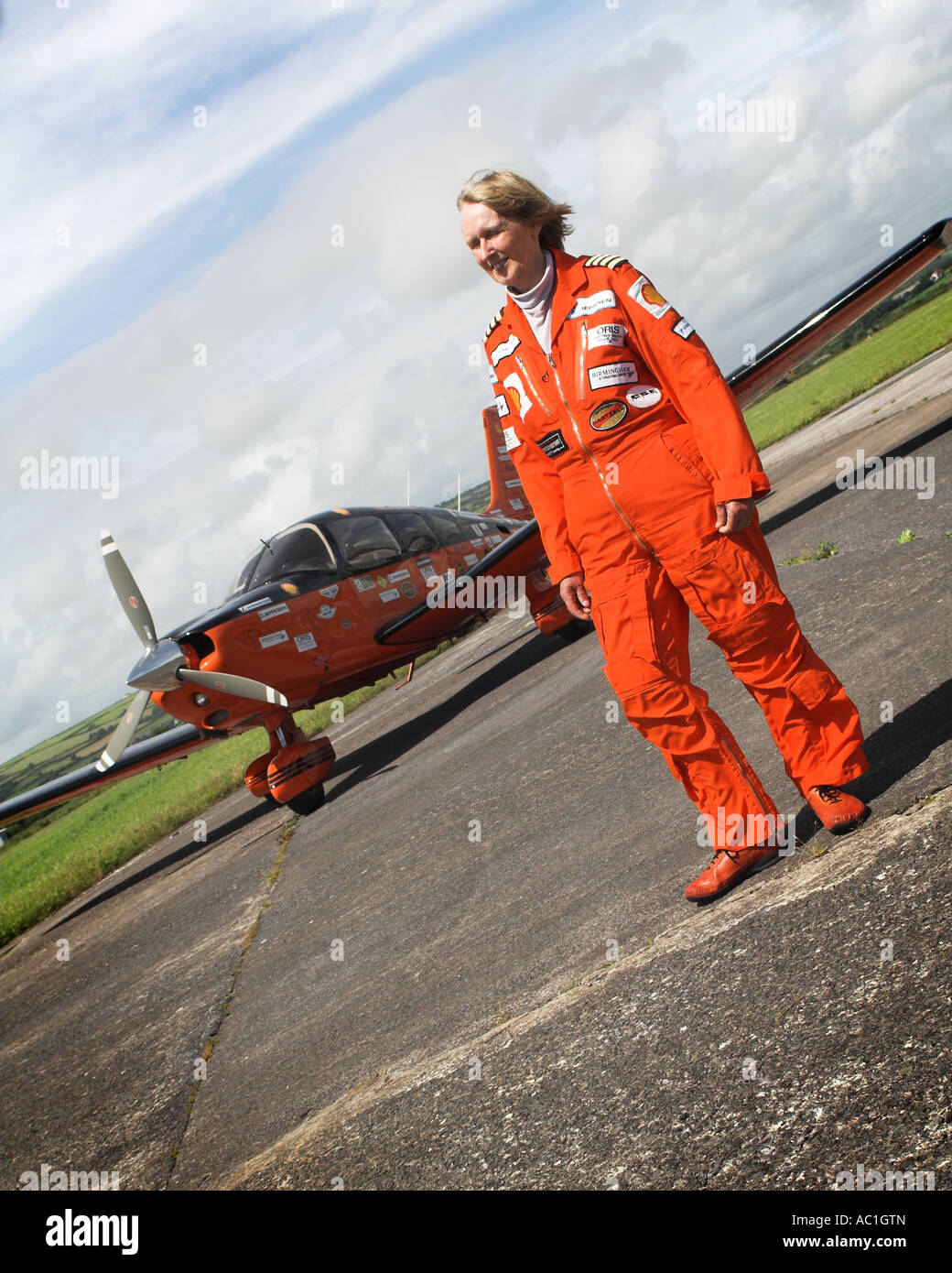 Record breaker pilot Polly Vacher, at Pembrey Airport during her attempt to become the 1st person to land at all 206 UK airfield Stock Photo