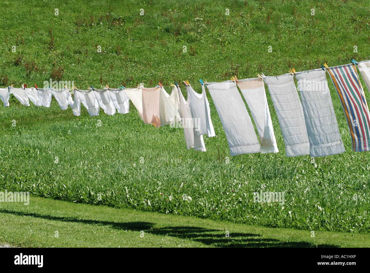 Drying laundry on clothesline Stock Photo Alamy