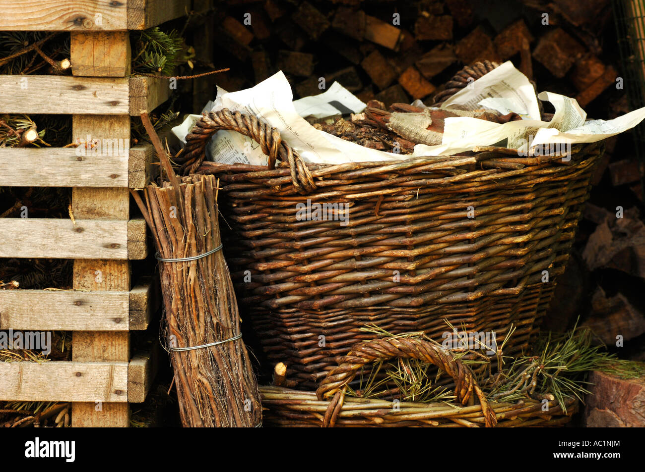 Baskets with firewood and brushwood Stock Photo