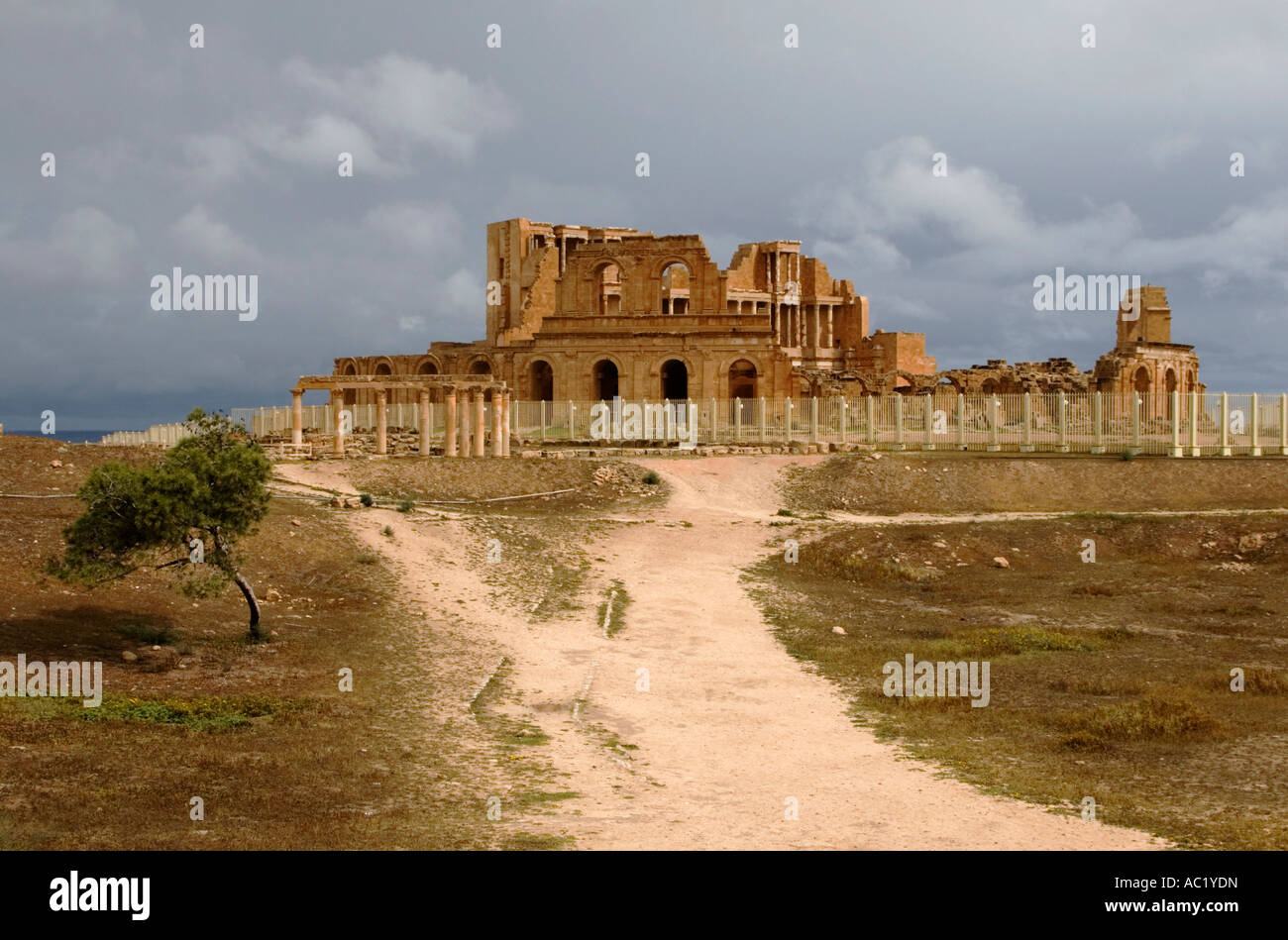 Sabratha, Libya. Roman Theater, Peristyle House, left of center Stock Photo
