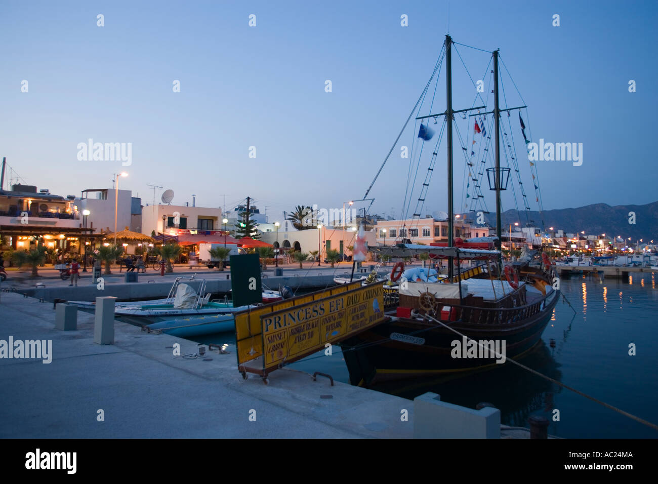 Excursion sailing boat by quay in the evening Kardamena Kos Greece