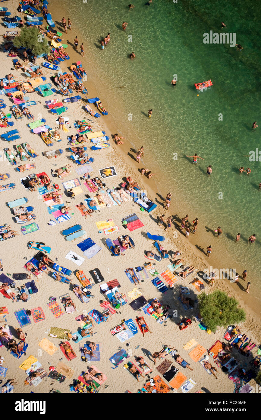 Aerial shot of peopled Paradise Beach Mykonos Greece Stock Photo