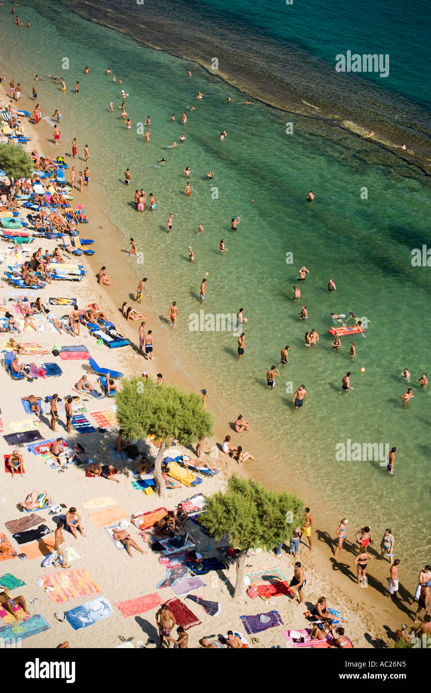Aerial shot of peopled Paradise Beach Mykonos Greece Stock Photo