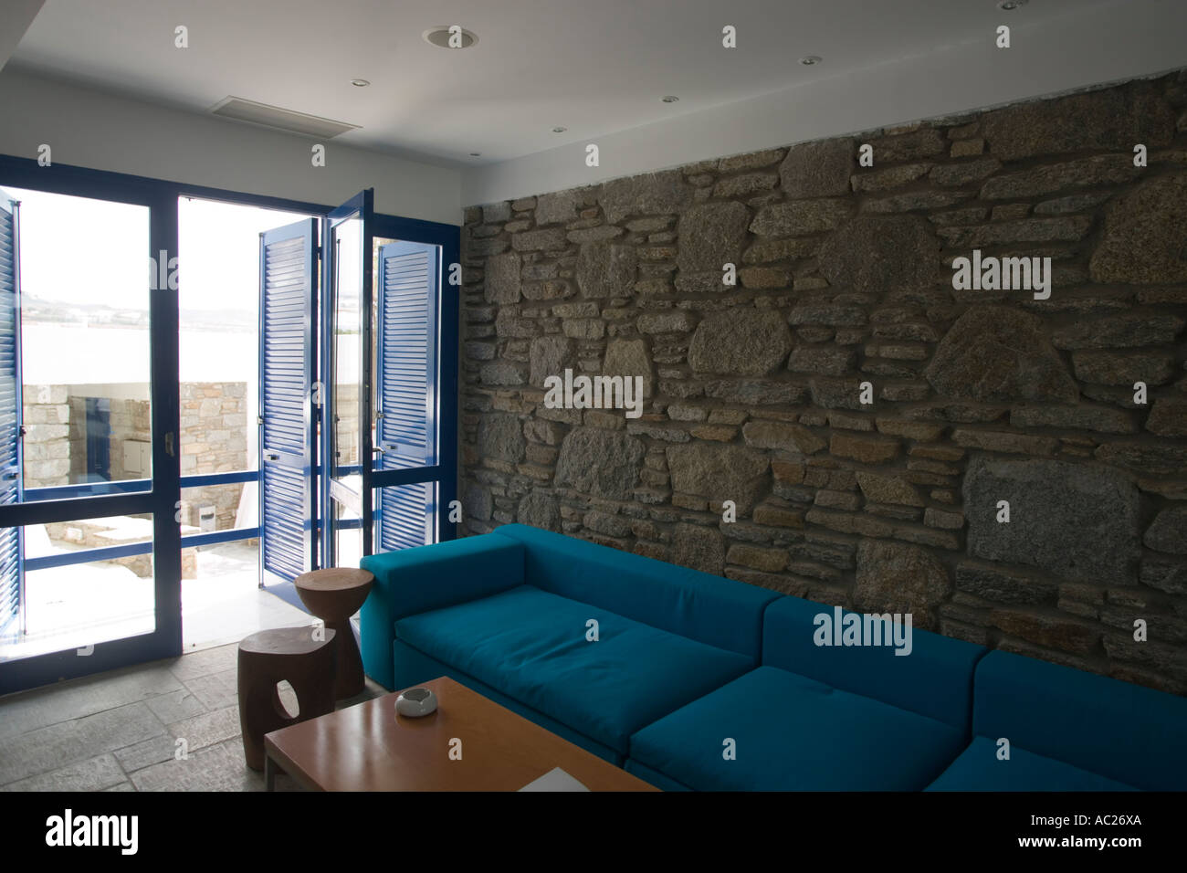 View inside a suite of the small luxury Theoxenia Design Hotel Mykonos Town Mykonos Greece Stock Photo