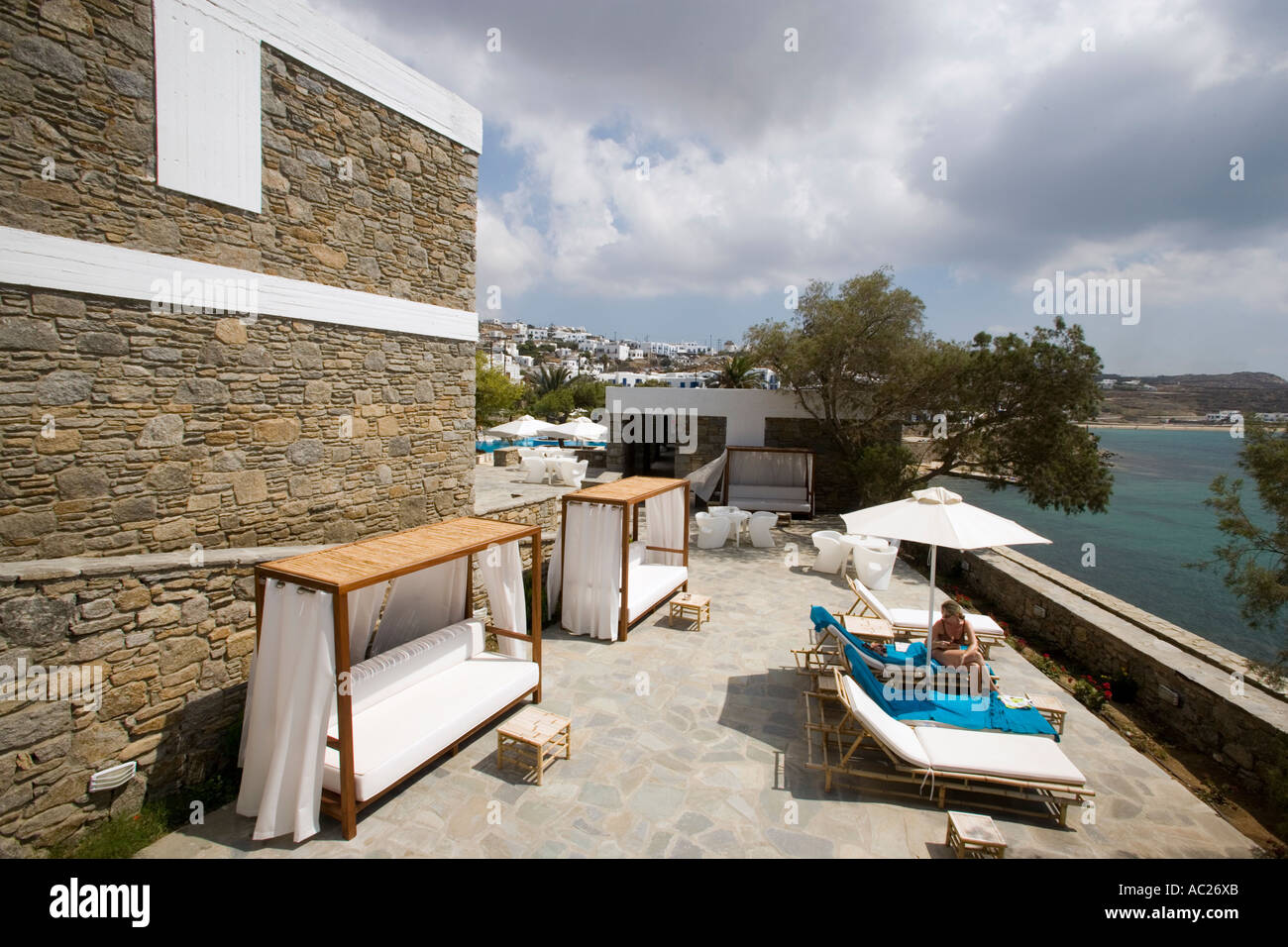 View to the terrace of the small lucury Theoxenia Design Hotel Mykonos Town Mykonos Greece Stock Photo