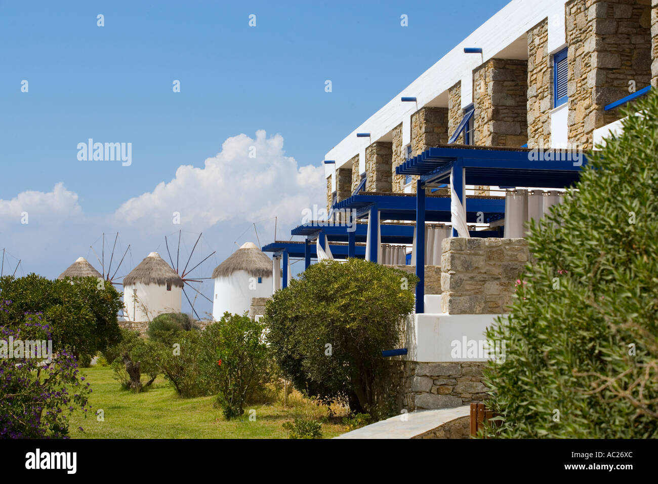 The small luxury Theoxenia Design Hotel next to the windmills Mykonos Town Mykonos Greece Stock Photo