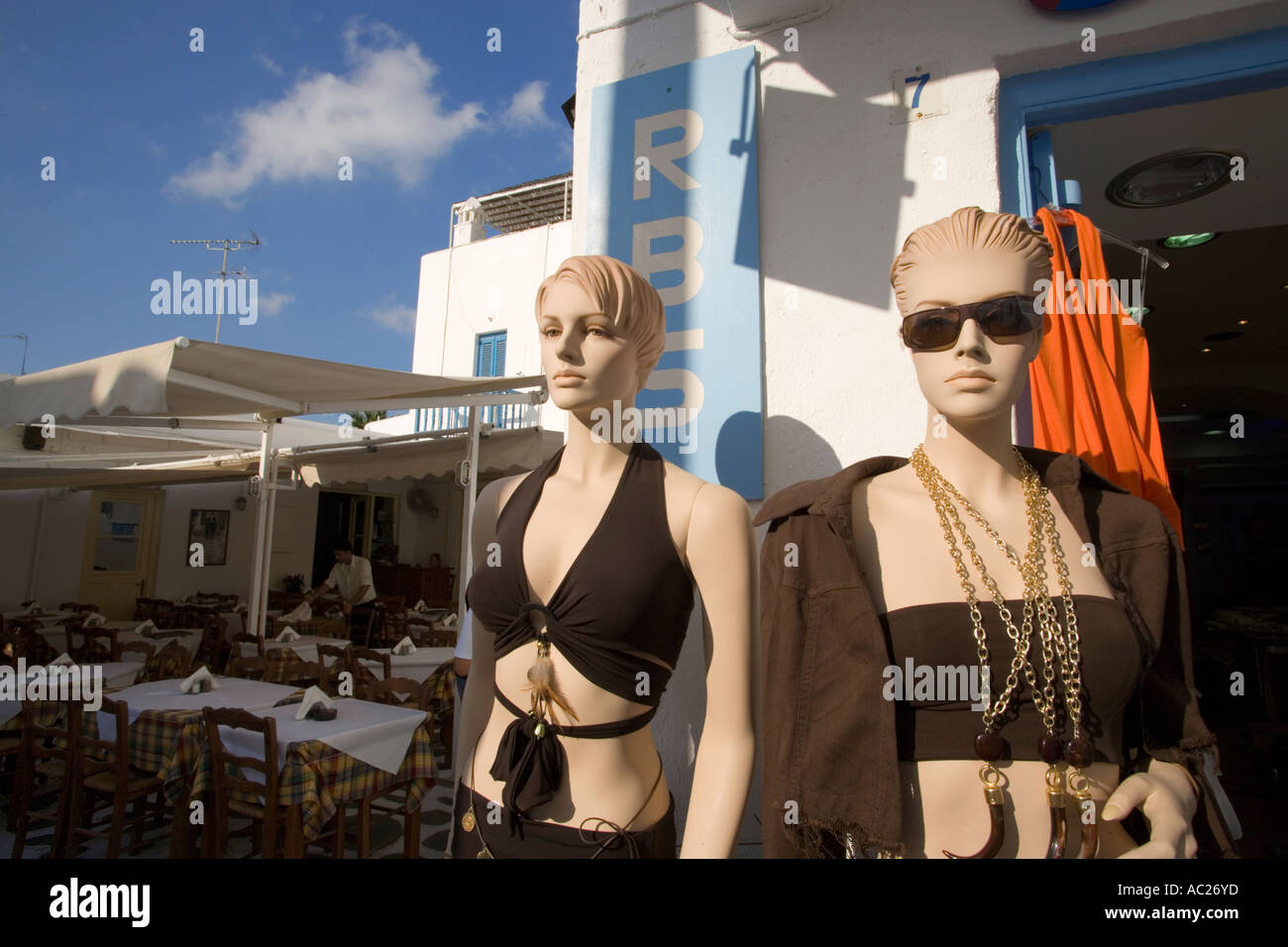 Mannequins standing outside a clothes shop Mykonos Town Greece Stock Photo