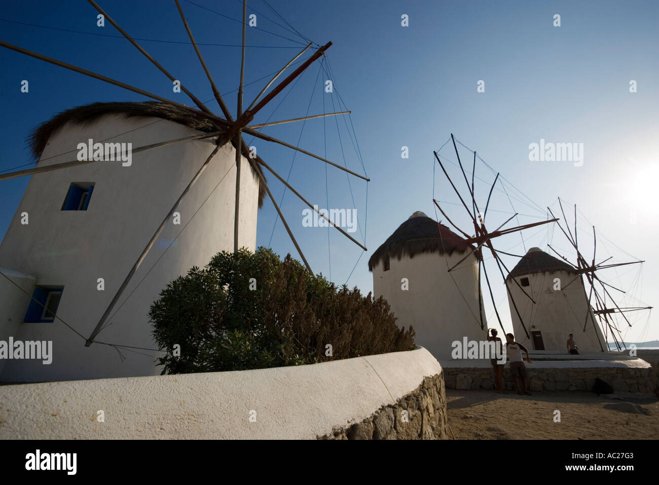 Famous traditional windmills Mykonos Town Mykonos Greece Stock Photo