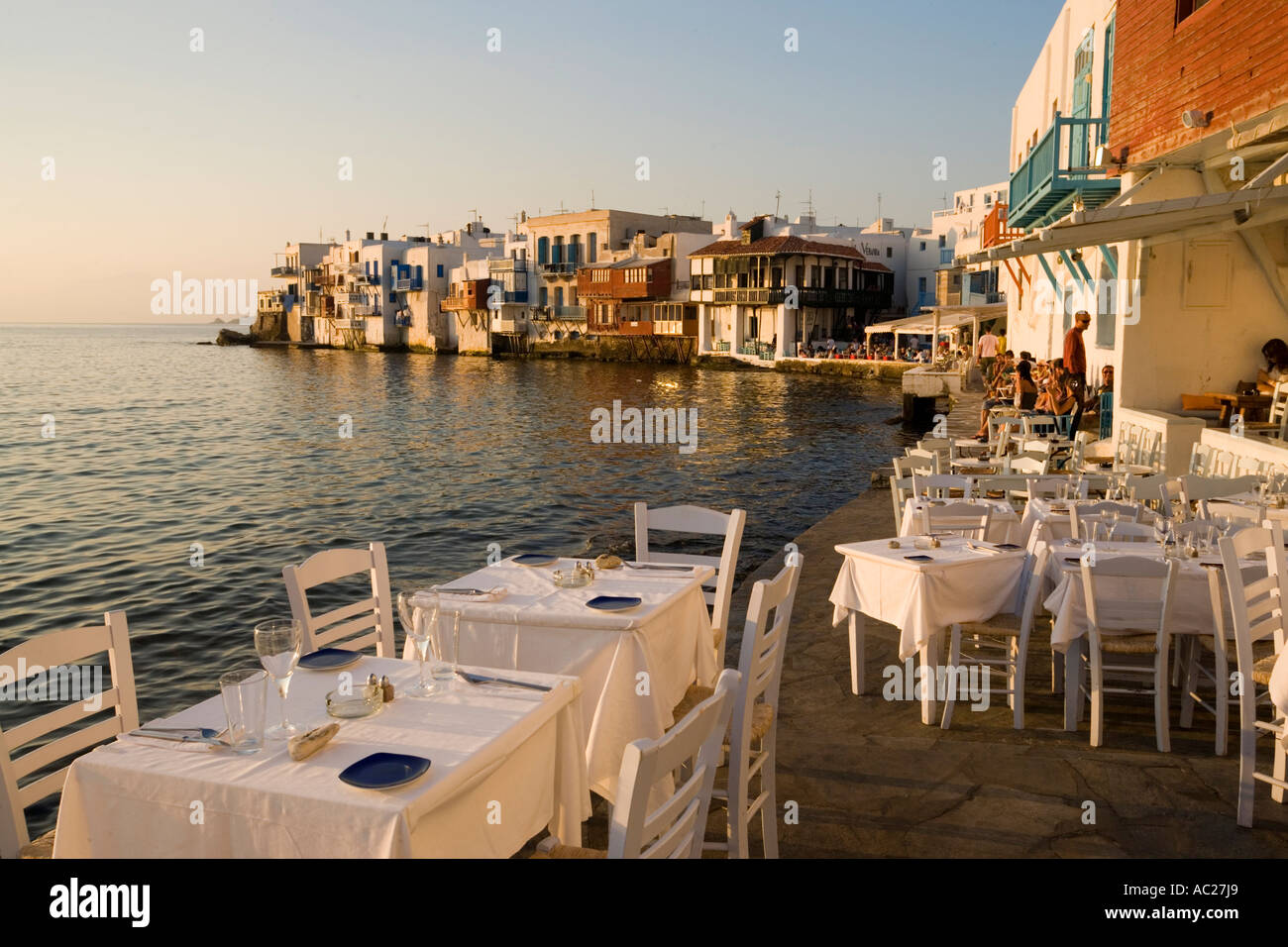 Restaurants and bars directly at sea Little Venice Mykonos Town Mykonos Greece Stock Photo