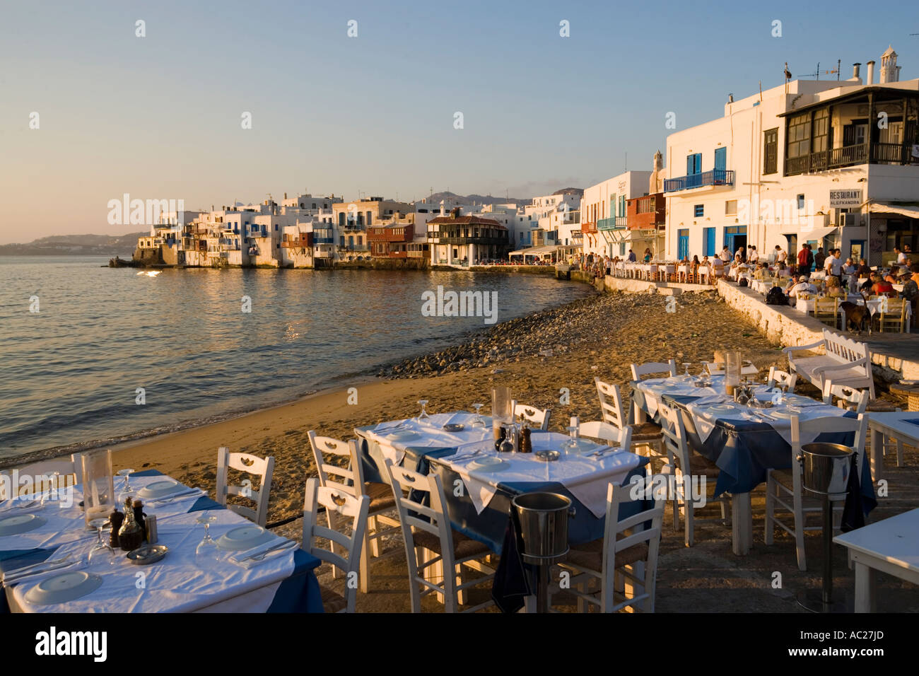 View over restaurants and bars at beach Little Venice Mykonos Town Mykonos Greece Stock Photo