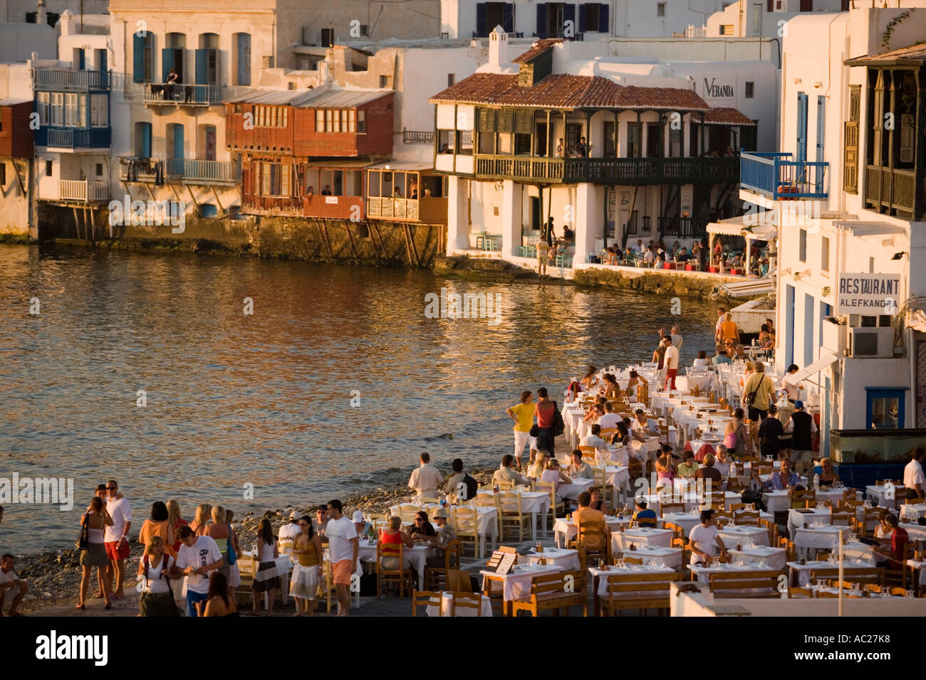 View over restaurants and bars at beach Little Venice Mykonos Town