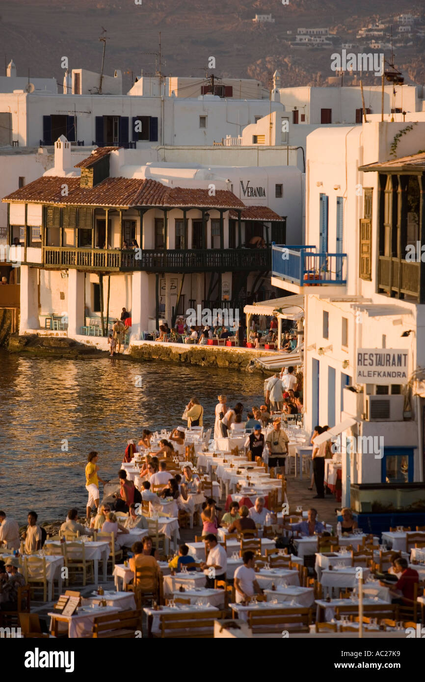 View over restaurants and bars at beach Little Venice Mykonos Town