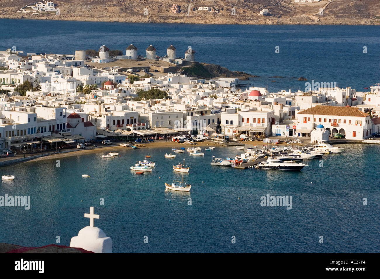 Aerial view of the harbour and the town Mykonos Town Mykonos Greece Stock Photo