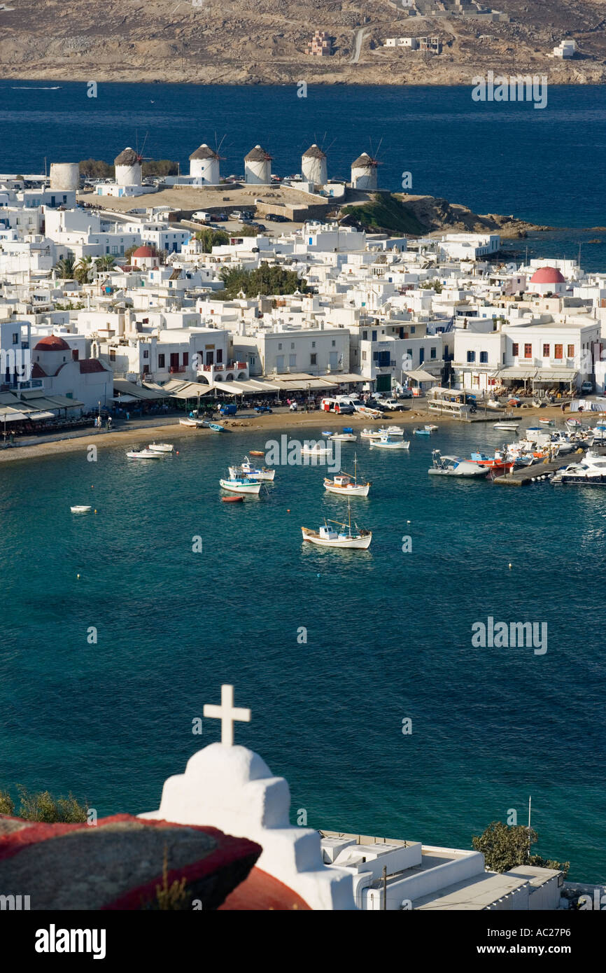 Aerial view of the harbour and the town Mykonos Town Mykonos Greece Stock Photo