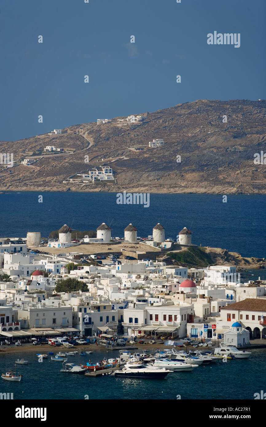 Aerial view of the harbour with windmills and ships Mykonos Town Mykonos Greece Stock Photo