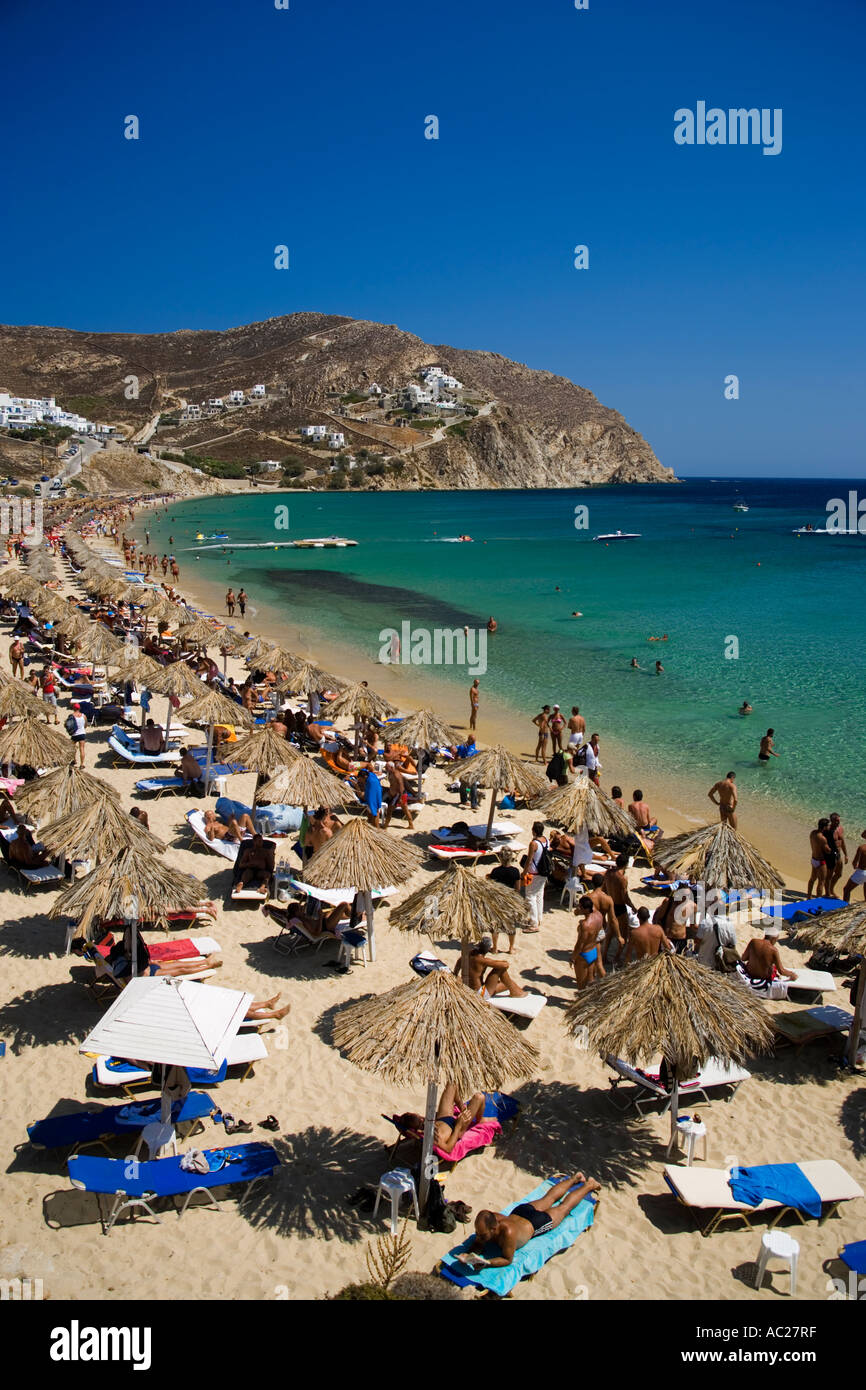 View to the Elia Beach with a lot of sunshades and bathers Elia Mykonos Greece Stock Photo
