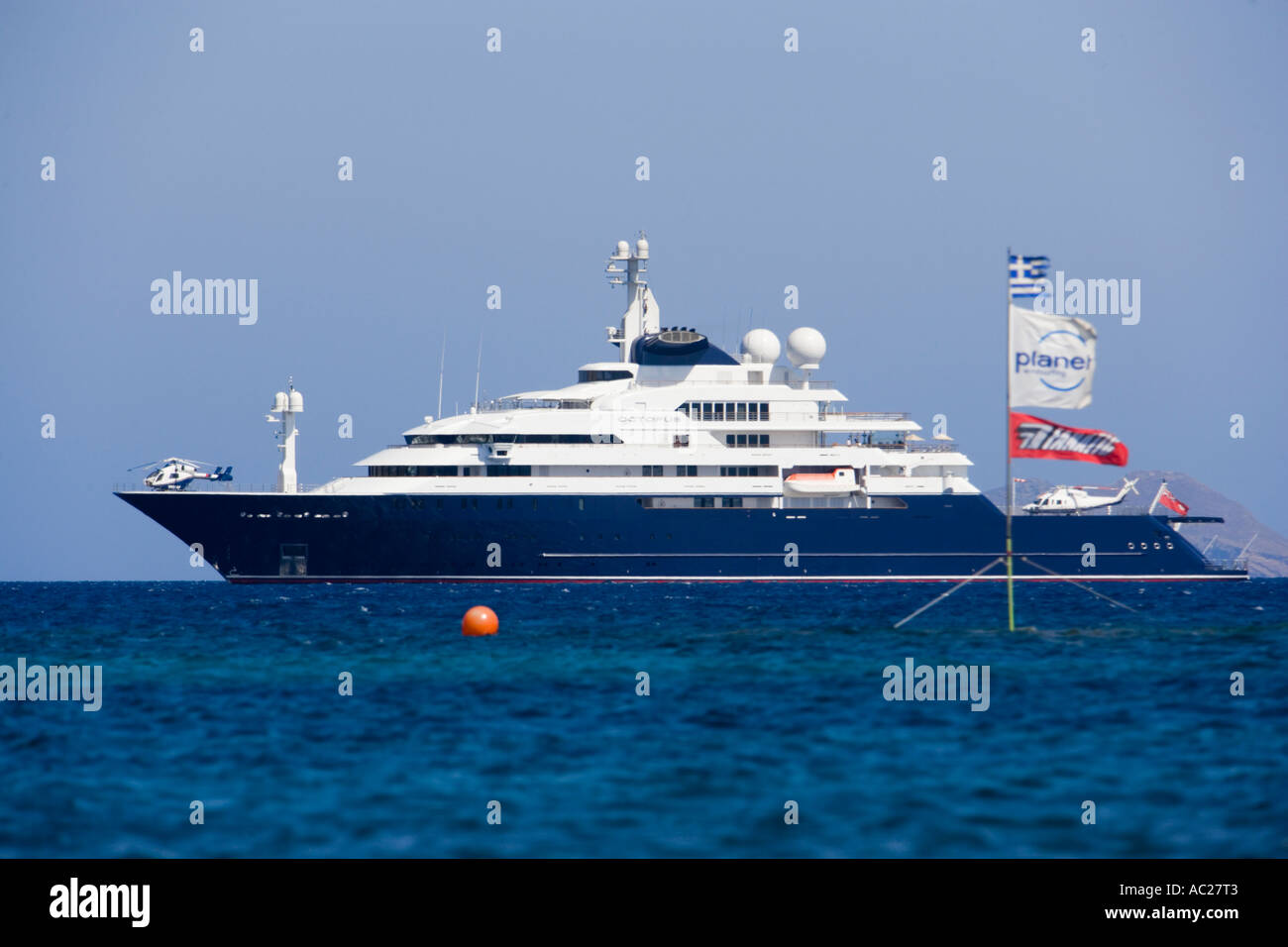 View to the Octopus the world s third largest private yacht 126 8m of Paul Allen the co founder of Microsoft Mykonos Greece Stock Photo