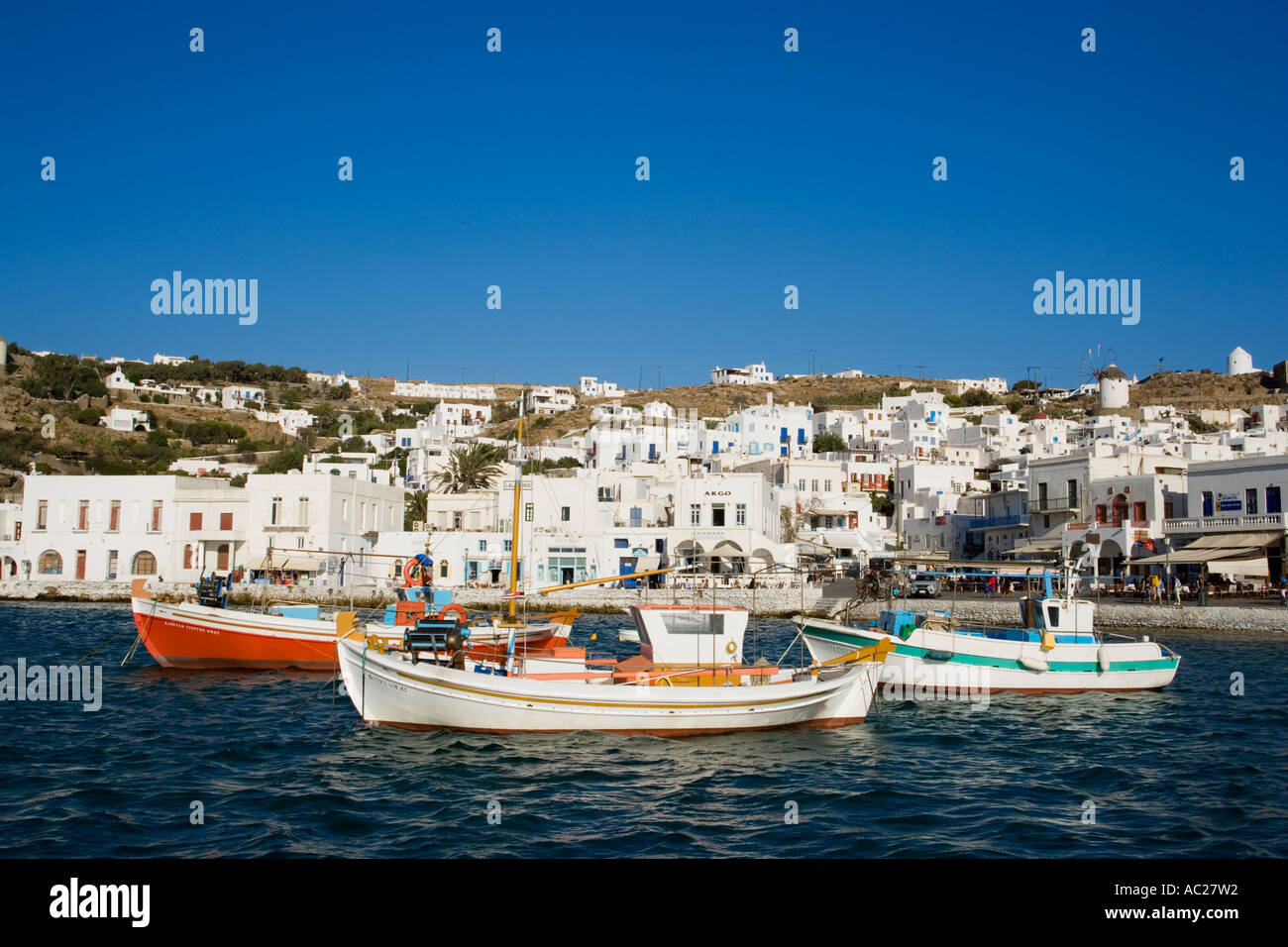 View over the harbour to Mykonos Town wiht typical white houses Mykonos Town Mykonos Greece Stock Photo