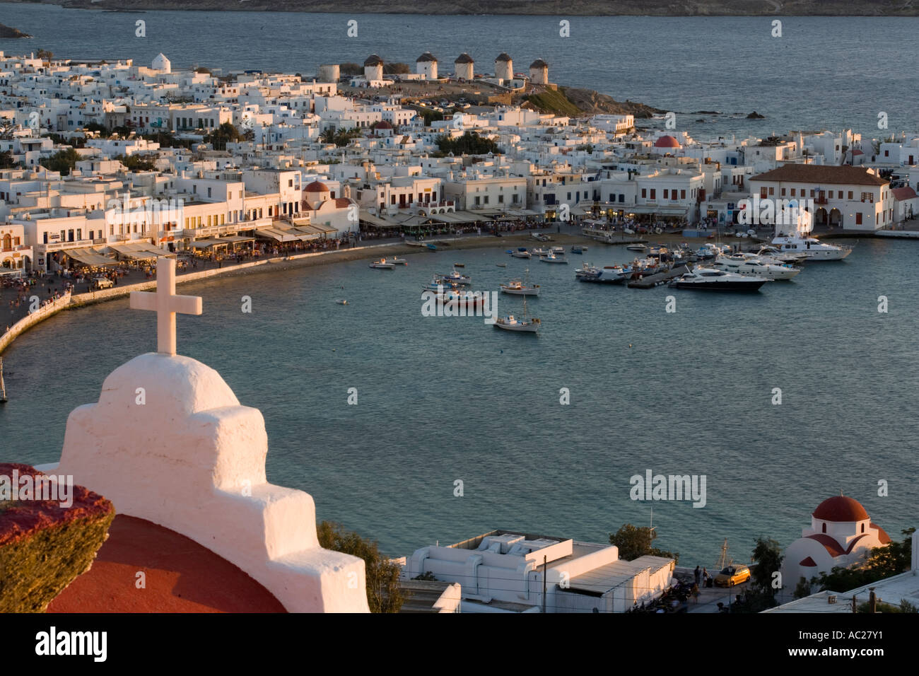 Aerial view of the harbour and the town in the evening Mykonos Town Mykonos Greece Stock Photo
