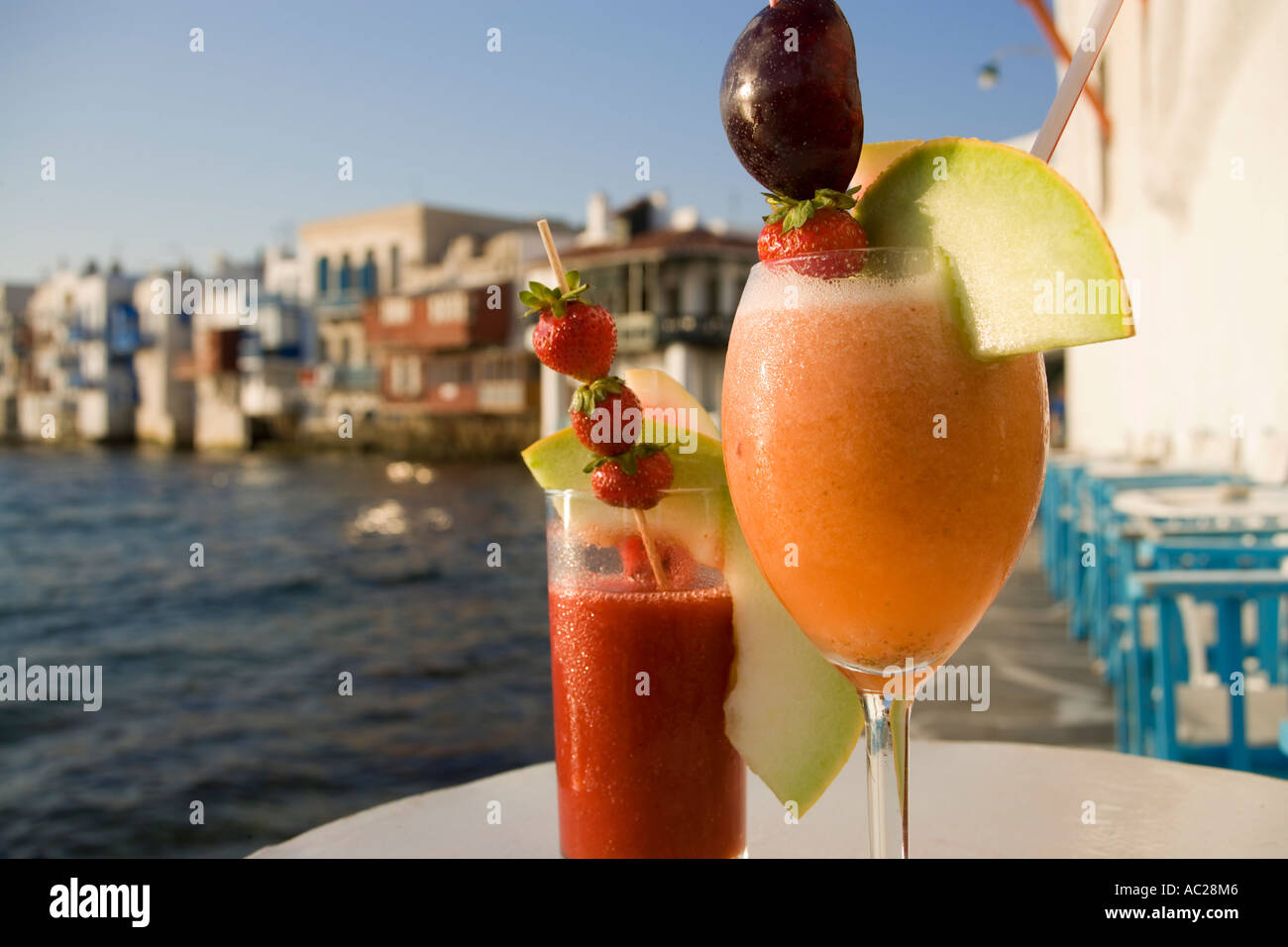 Different cocktails Sundowner of the Caprice Bar Little Venice Mykonos Town Mykonos Greece Stock Photo