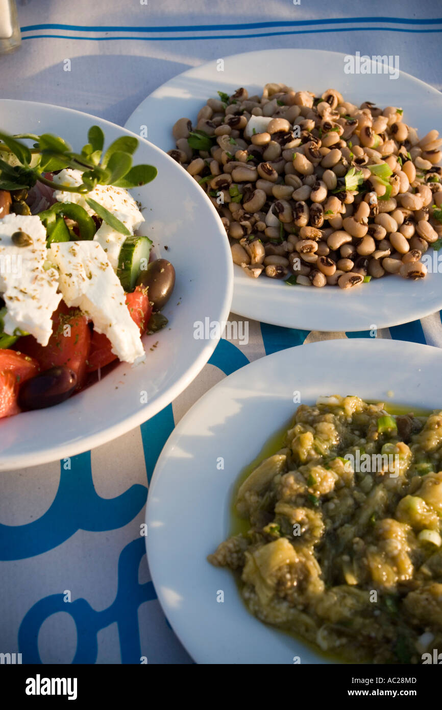 Different greek starters including salat served in the Sea Satin Market Restaurant Mykonos Town