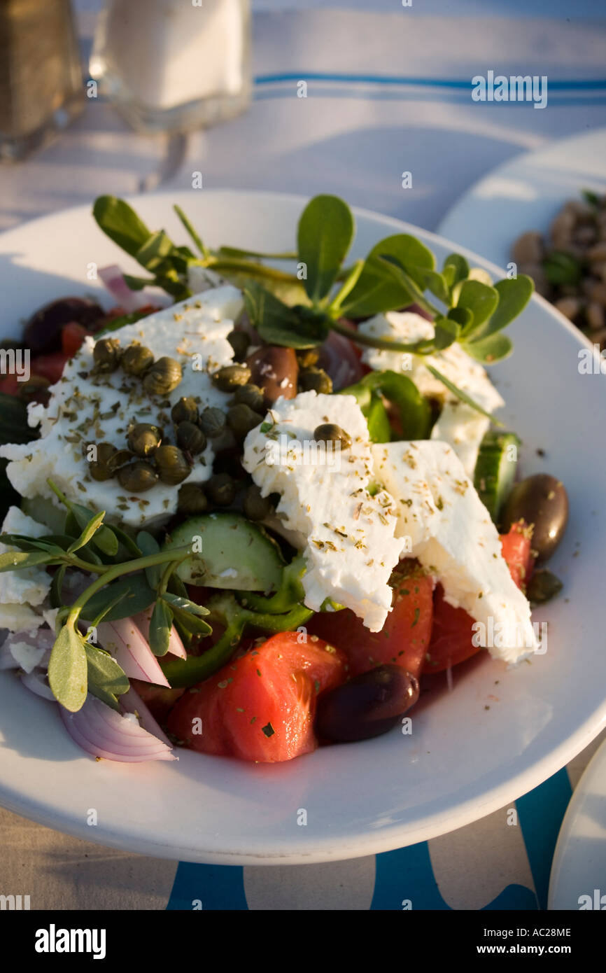 A greek salad served in the Sea Satin Market Restaurant Mykonos Town Mykonos Greece Stock Photo
