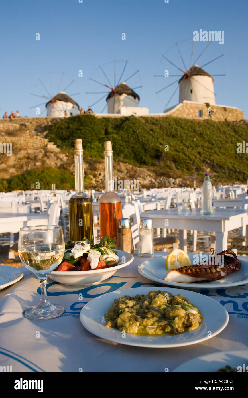 Different greek starters including salat served in the Sea Satin Market  Restaurant Mykonos Town Mykonos Greece Stock Photo - Alamy