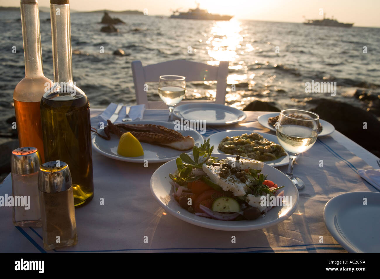 Different greek starters including salat served in the Sea Satin Market Restaurant Mykonos Town