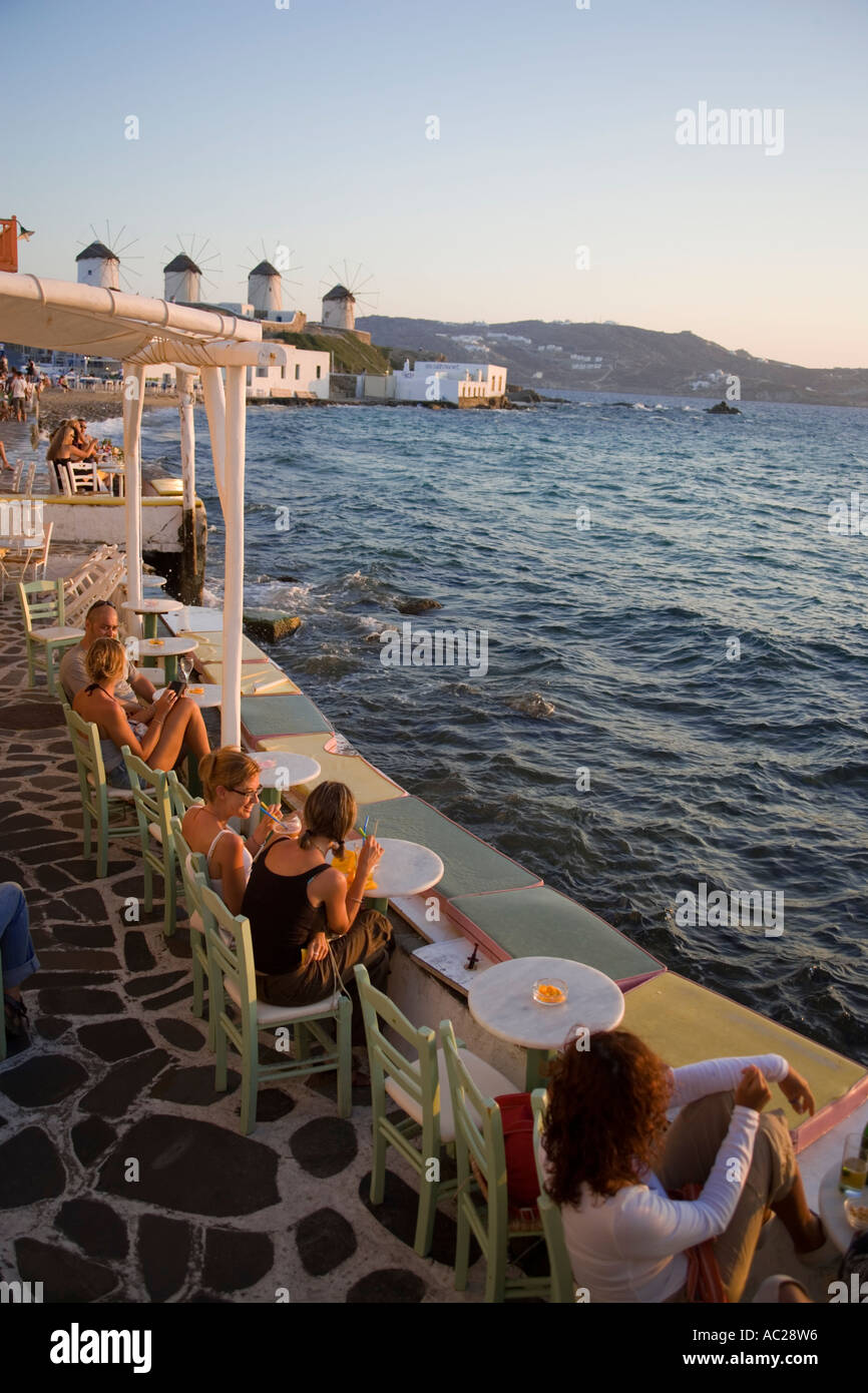 People sitting in restaurant directly at sea Little Venice Mykonos Town Mykonos Greece Stock Photo
