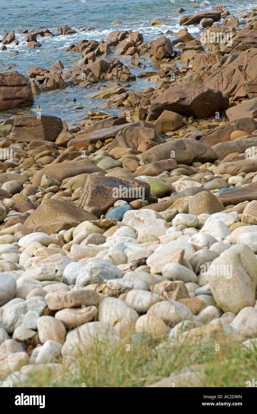 sea Atlantic Ocean with granit rocks at the coast in Finistere Brittany ...