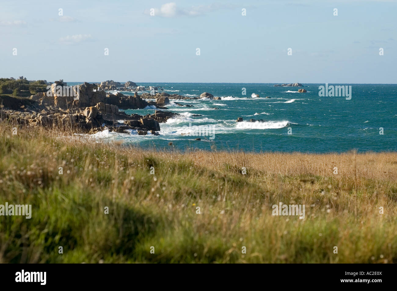 sea Atlantic Ocean with granit rocks at the coast in Finistere Brittany ...