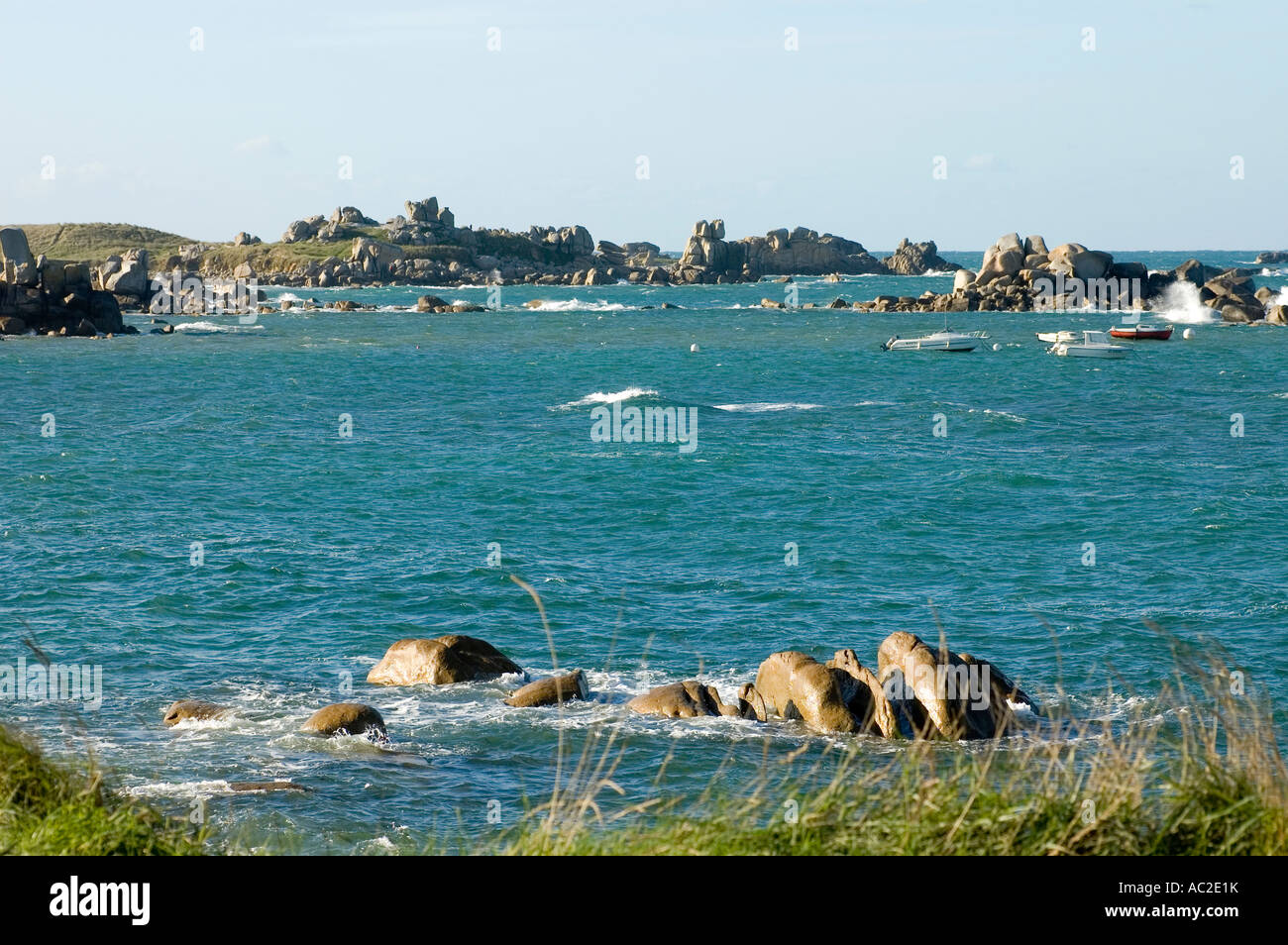 sea Atlantic Ocean with granit rocks at the coast in Finistere Brittany ...