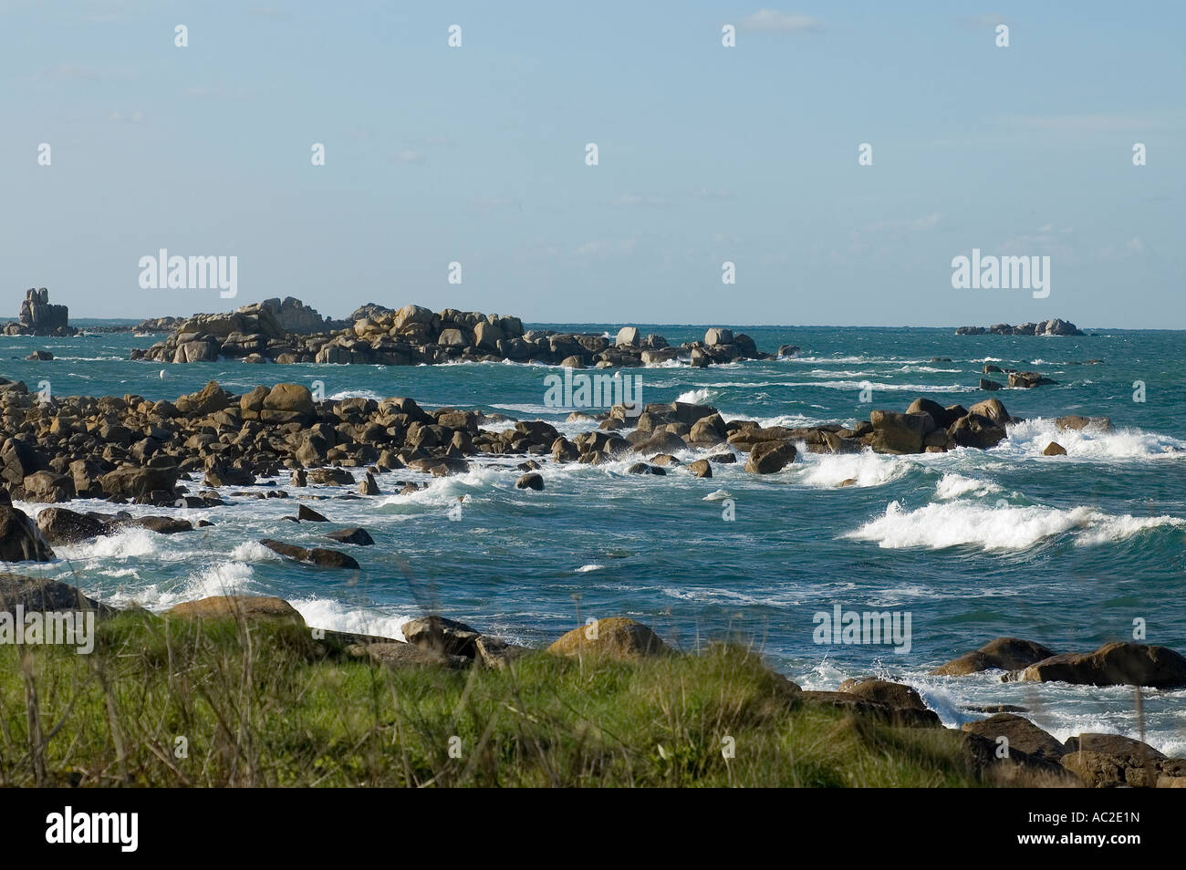 sea Atlantic Ocean with granit rocks at the coast in Finistere Brittany ...