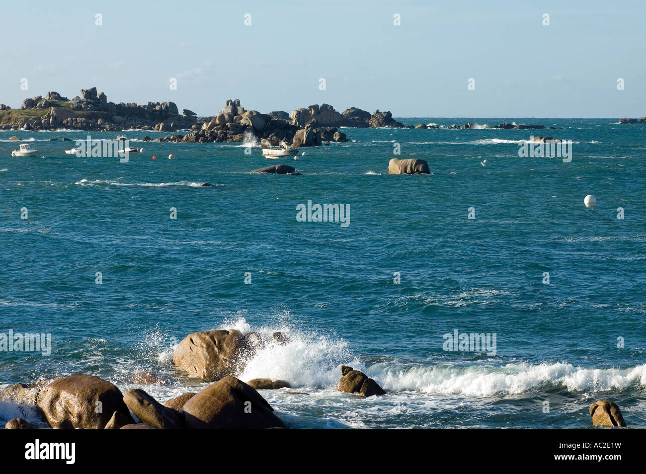 sea Atlantic Ocean with granit rocks at the coast in Finistere Brittany ...
