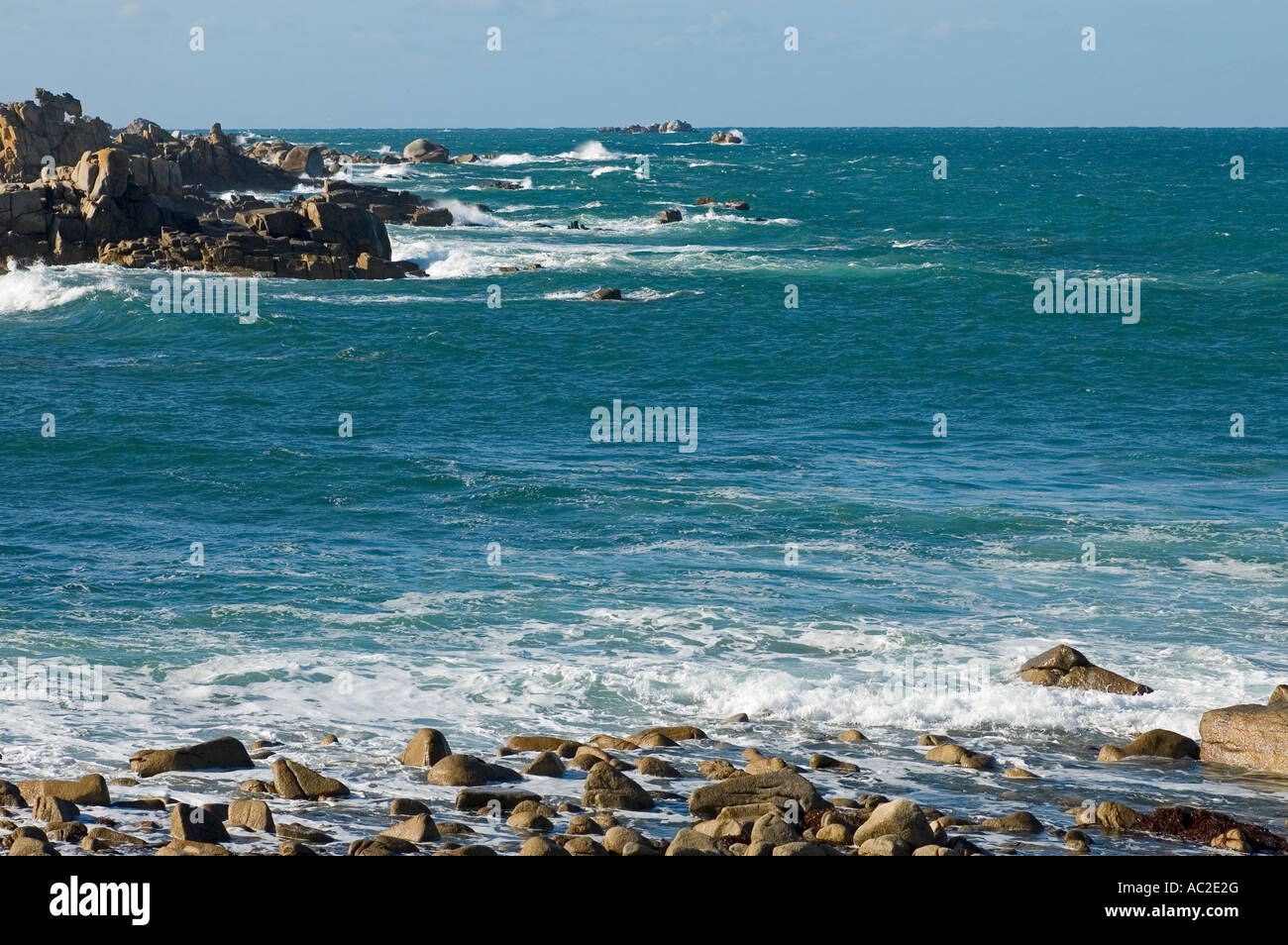 sea Atlantic Ocean with granit rocks at the coast in Finistere Brittany ...