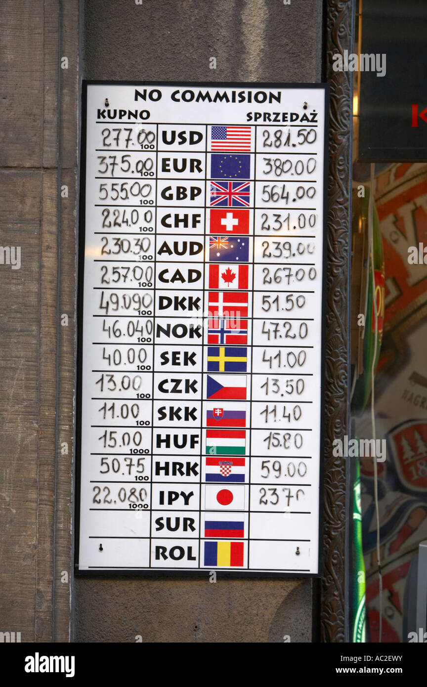 multi currency exchange rate board outside tourist exchange in the old town of Krakow poland Stock Photo